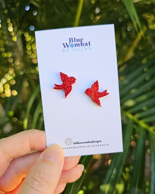 Red Bird Glitter Resin Stud Earrings