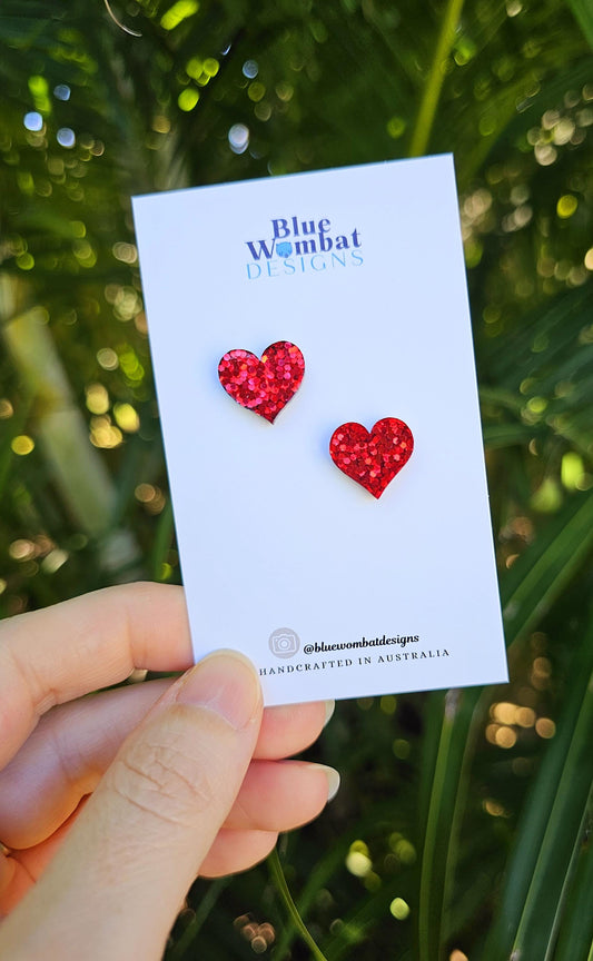 Red Glitter Love Heart Resin Stud Earrings