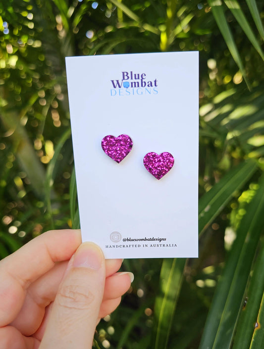 Pink Glitter Love Heart Resin Small Stud Earrings