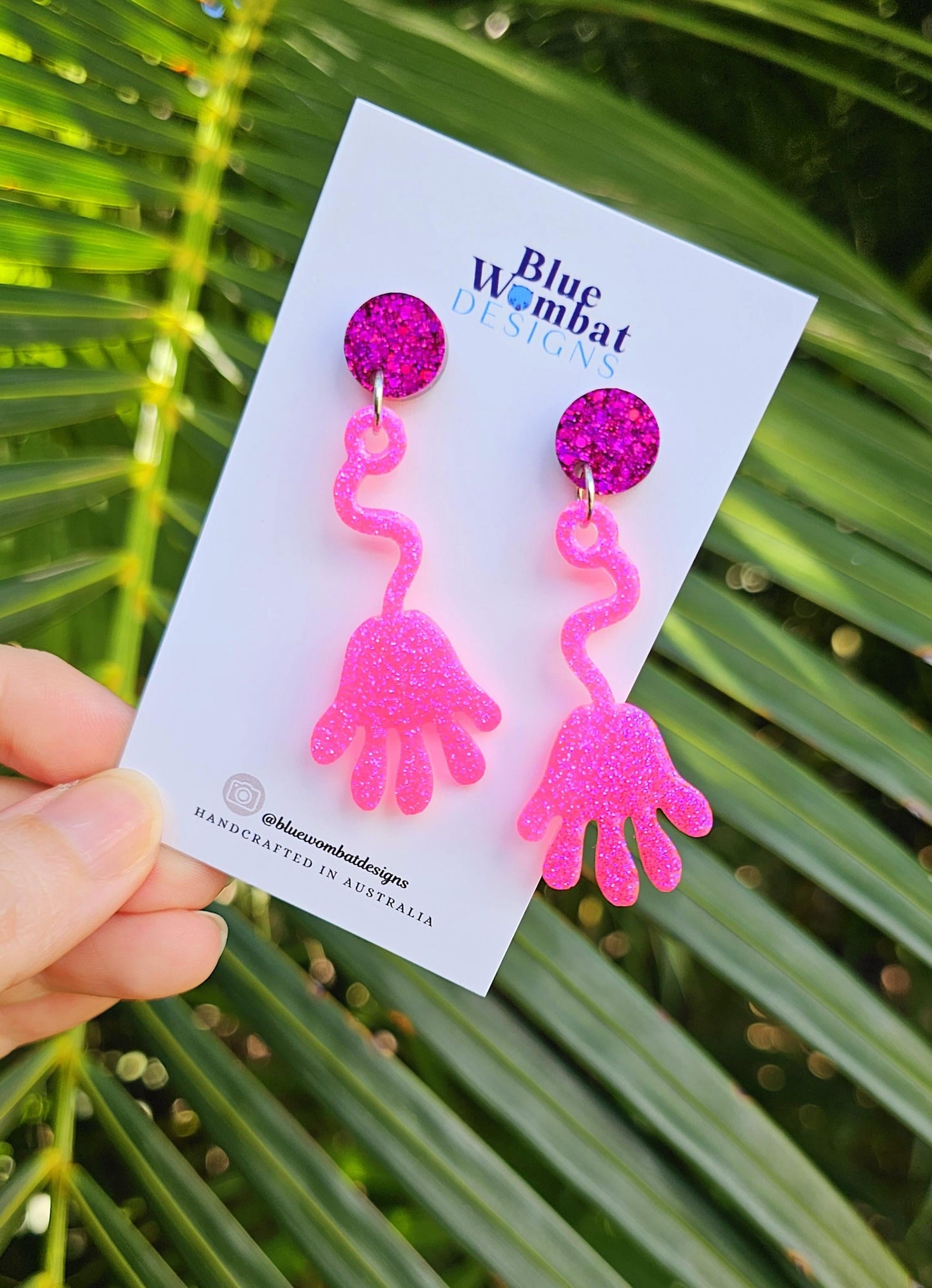 Sticky Hands Resin Glitter Pink Dangle Handmade Earrings