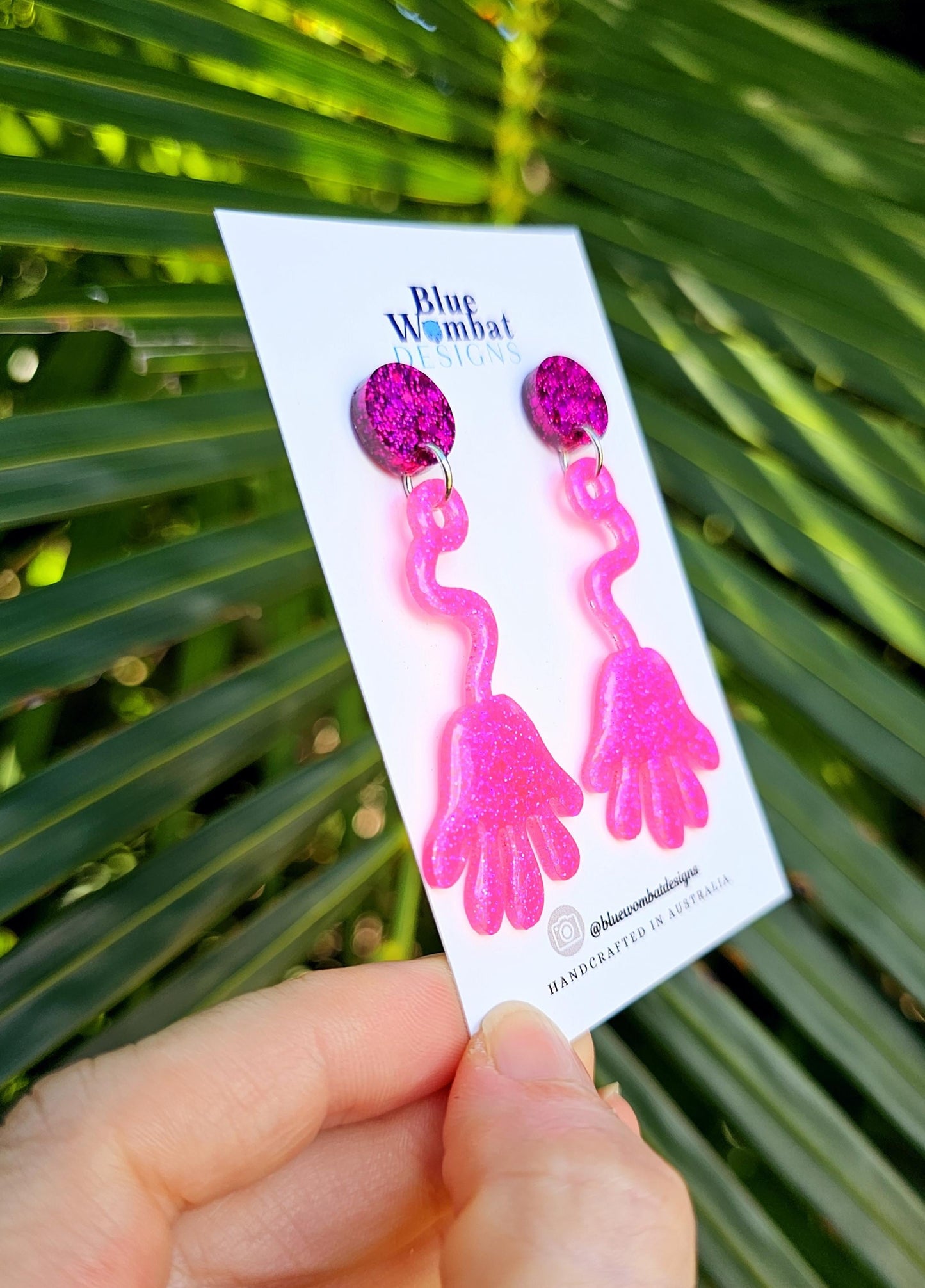 Sticky Hands Resin Glitter Pink Dangle Handmade Earrings