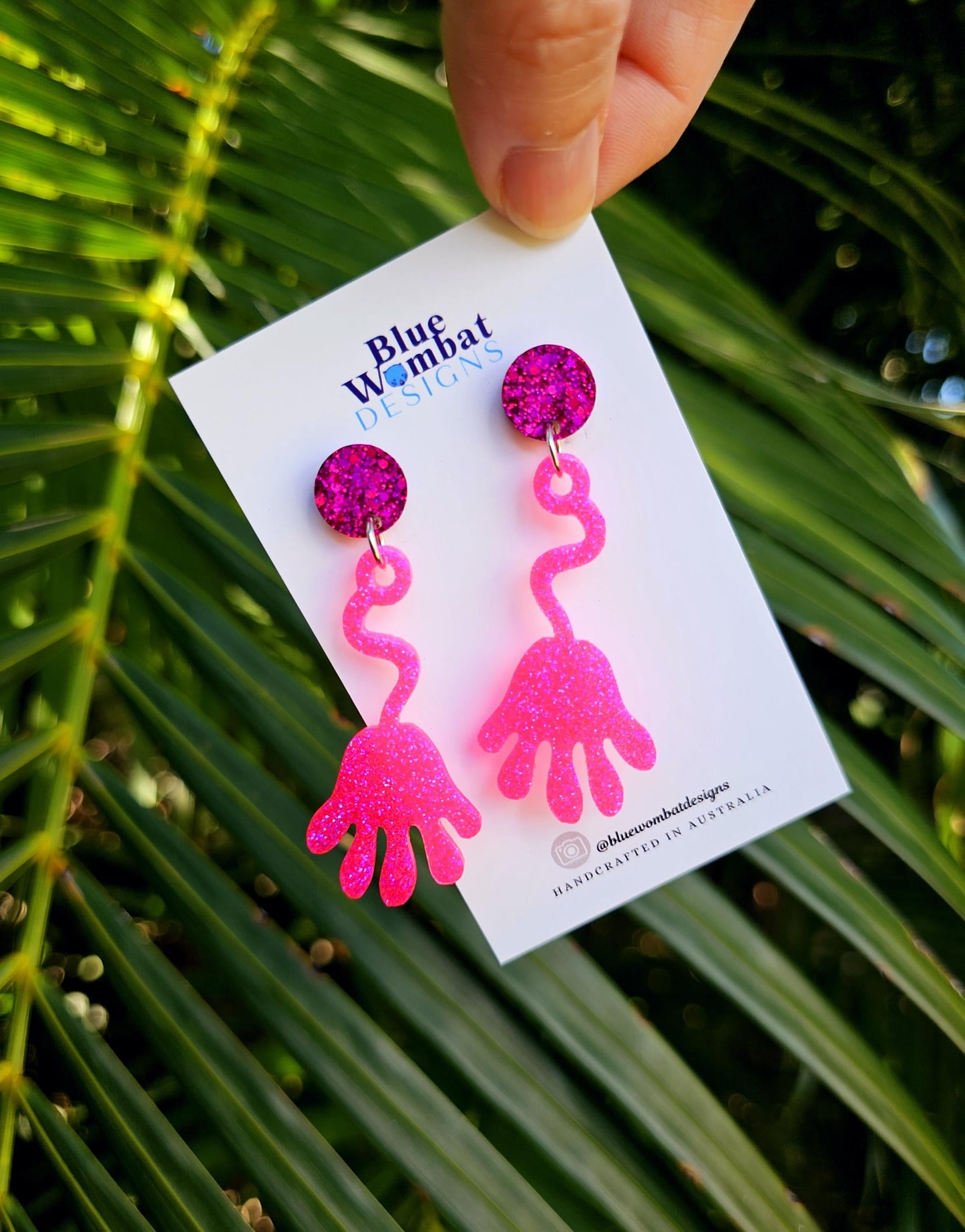 Sticky Hands Resin Glitter Pink Dangle Handmade Earrings