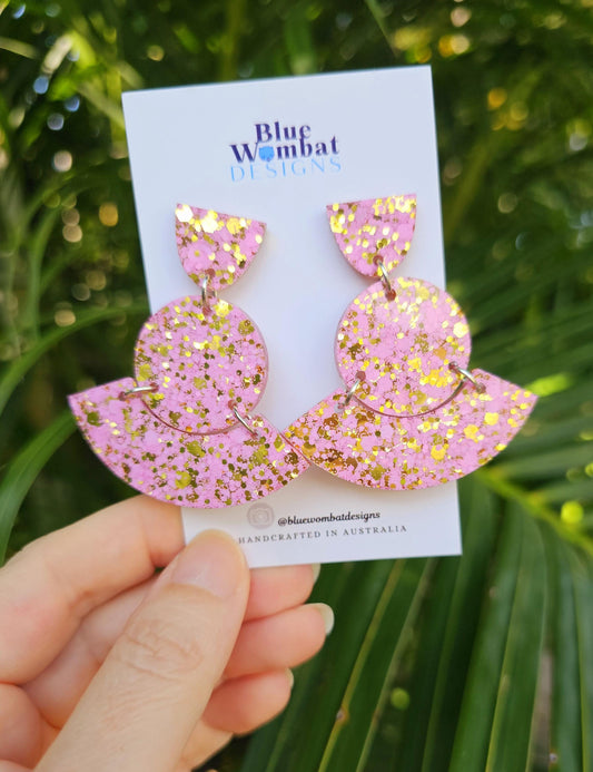 Pink Gold Glitter Resin Large Dangle Statement Earrings