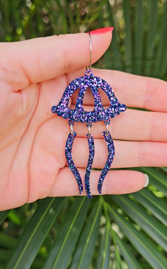 Jellyfish Iridescent Glitter Resin Hoop Dangle Statement Earrings
