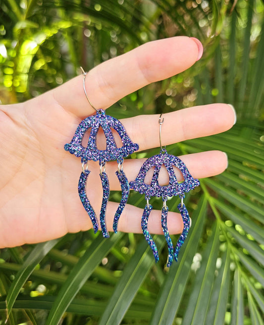Jellyfish Iridescent Glitter Resin Hoop Dangle Statement Earrings