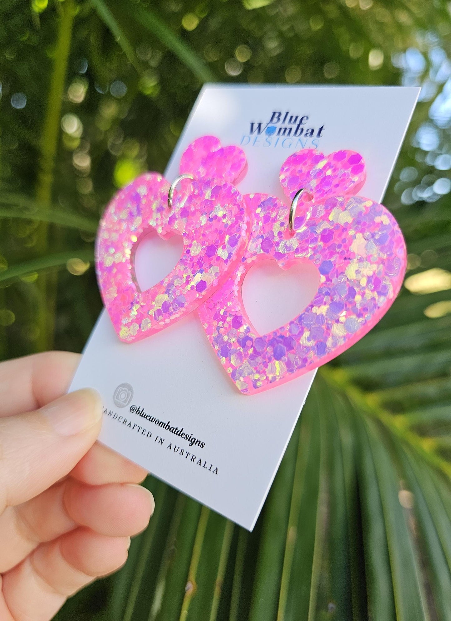 Pink Glitter Big Love Heart Resin Dangle Handmade Earrings