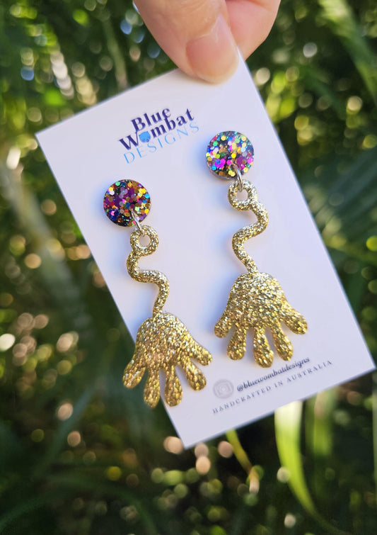 Sticky Hands 90's Nostalgia Toy Earrings, Resin Gold Glitter Dangle Handmade Earrings