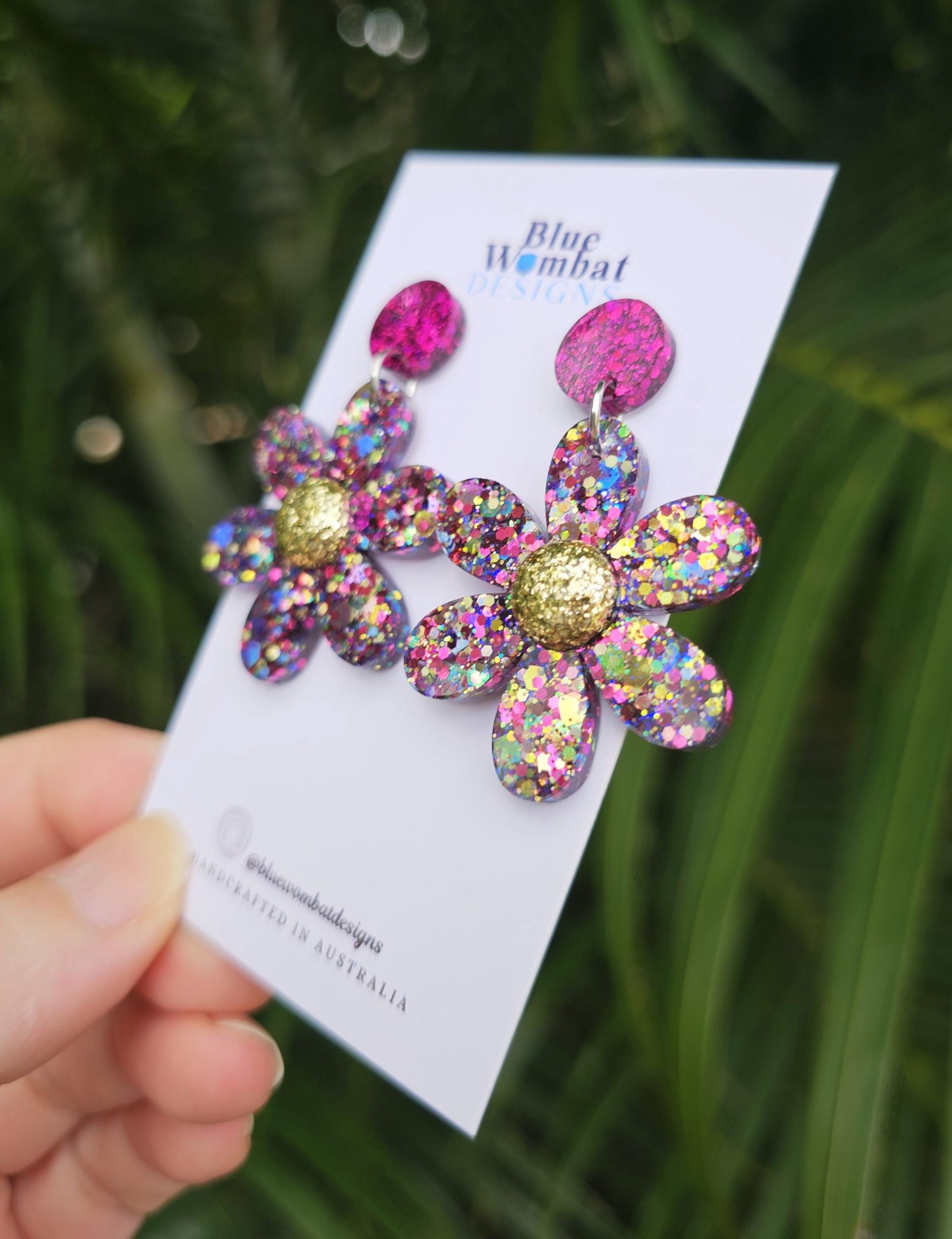 Flower Dangle Colourful Glitter Resin Handmade Statement Earrings