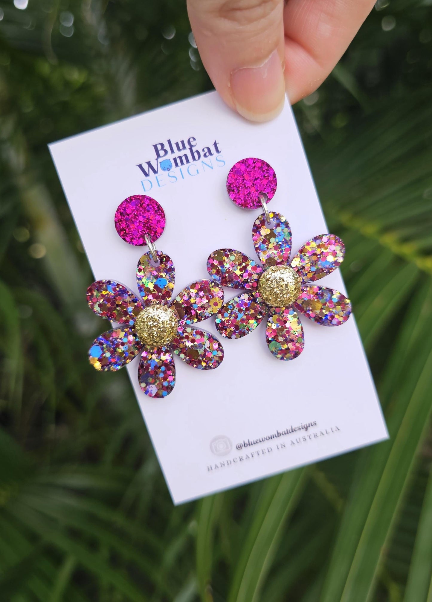 Flower Dangle Colourful Glitter Resin Handmade Statement Earrings