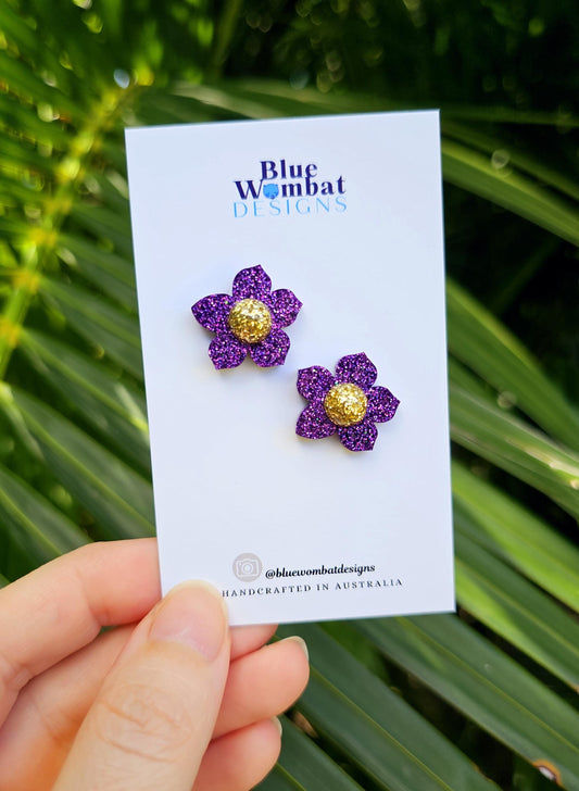 Purple Glitter Flower Resin Stud Earrings 20mm