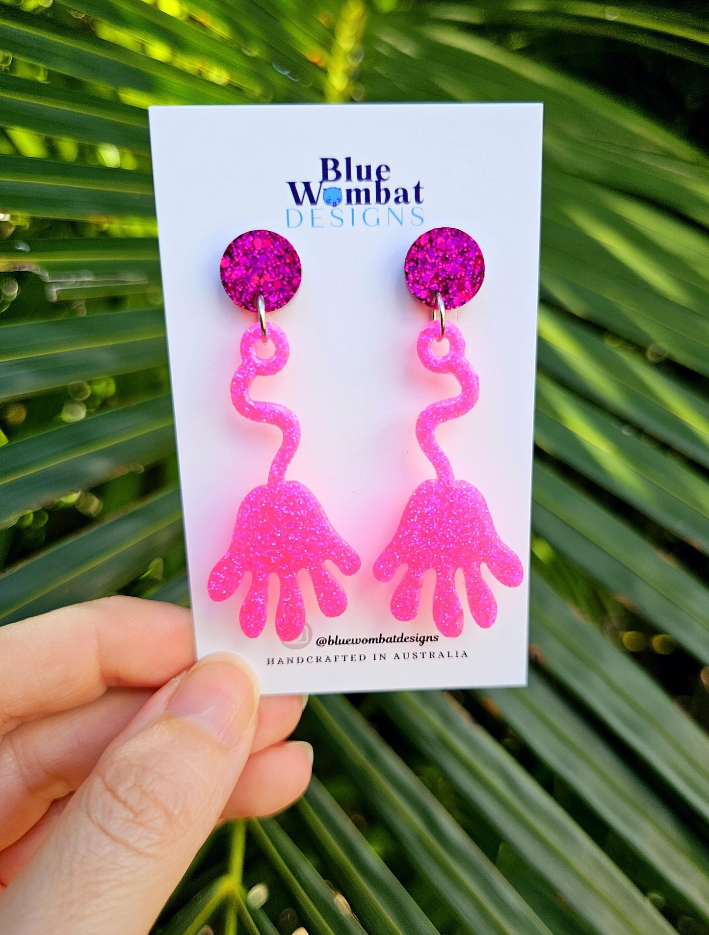 Sticky Hands Resin Glitter Pink Dangle Handmade Earrings