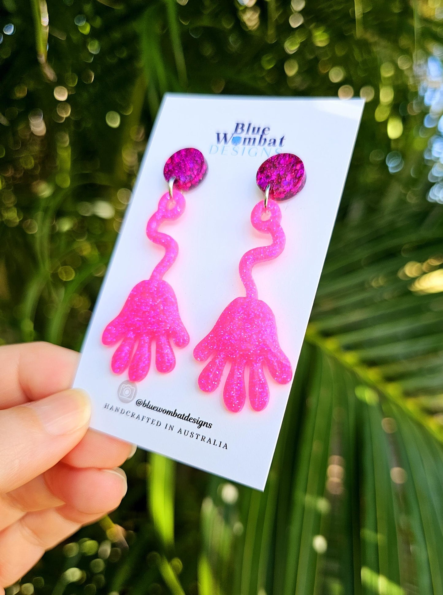 Sticky Hands Resin Glitter Pink Dangle Handmade Earrings