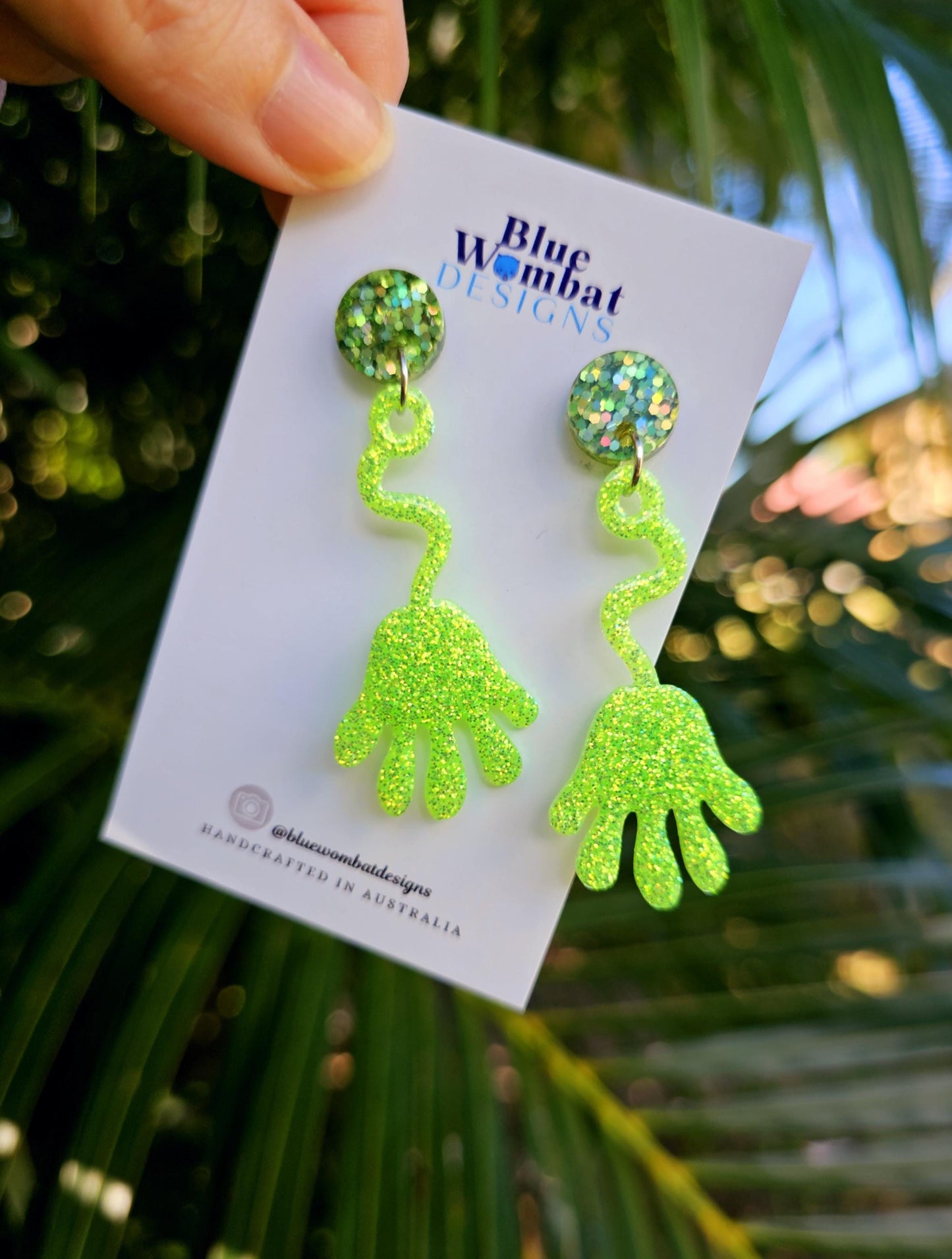 Sticky Hands 90's Nostalgia Toy Earrings, Resin Green Glitter Dangle Handmade Earrings