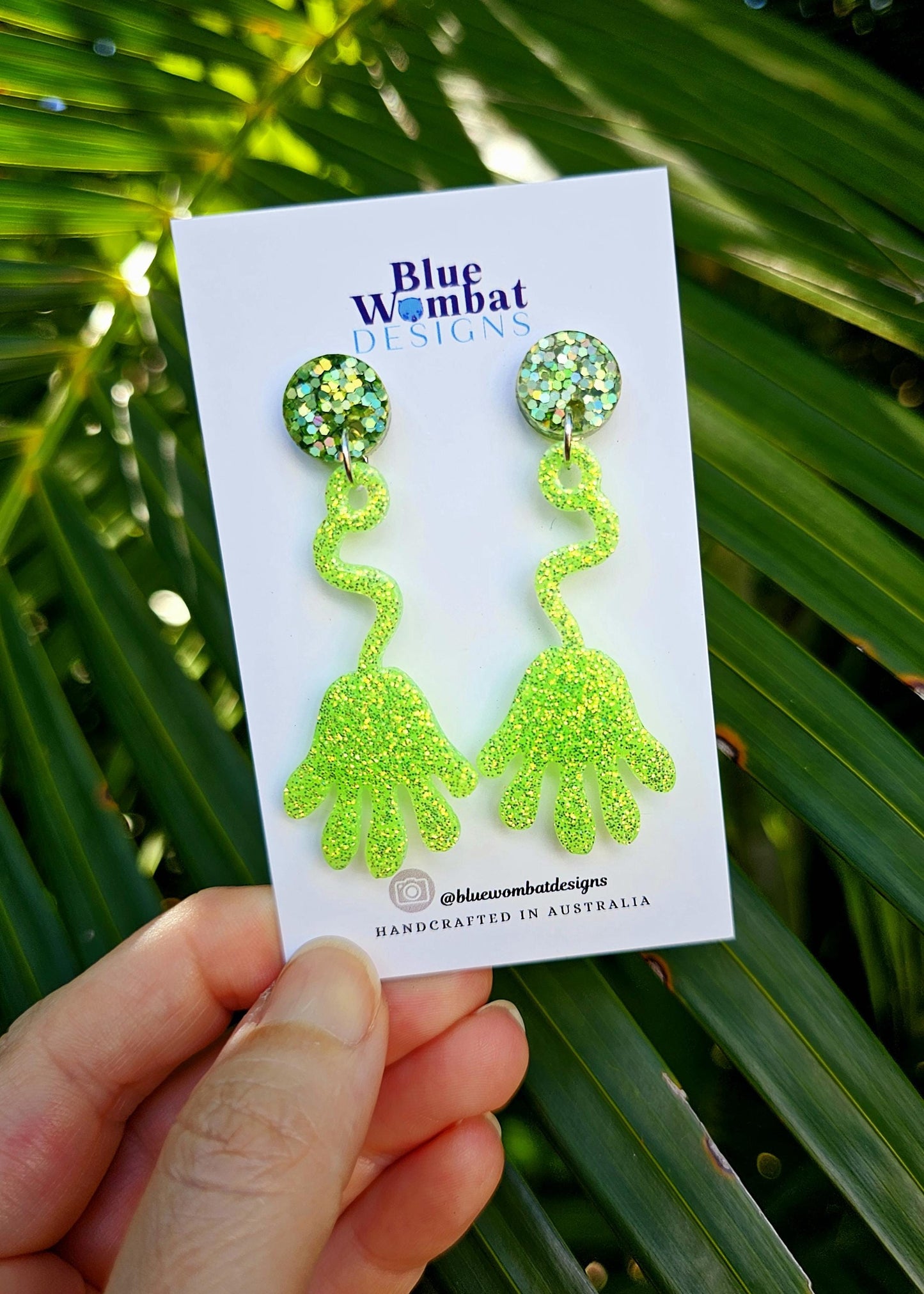 Sticky Hands 90's Nostalgia Toy Earrings, Resin Green Glitter Dangle Handmade Earrings