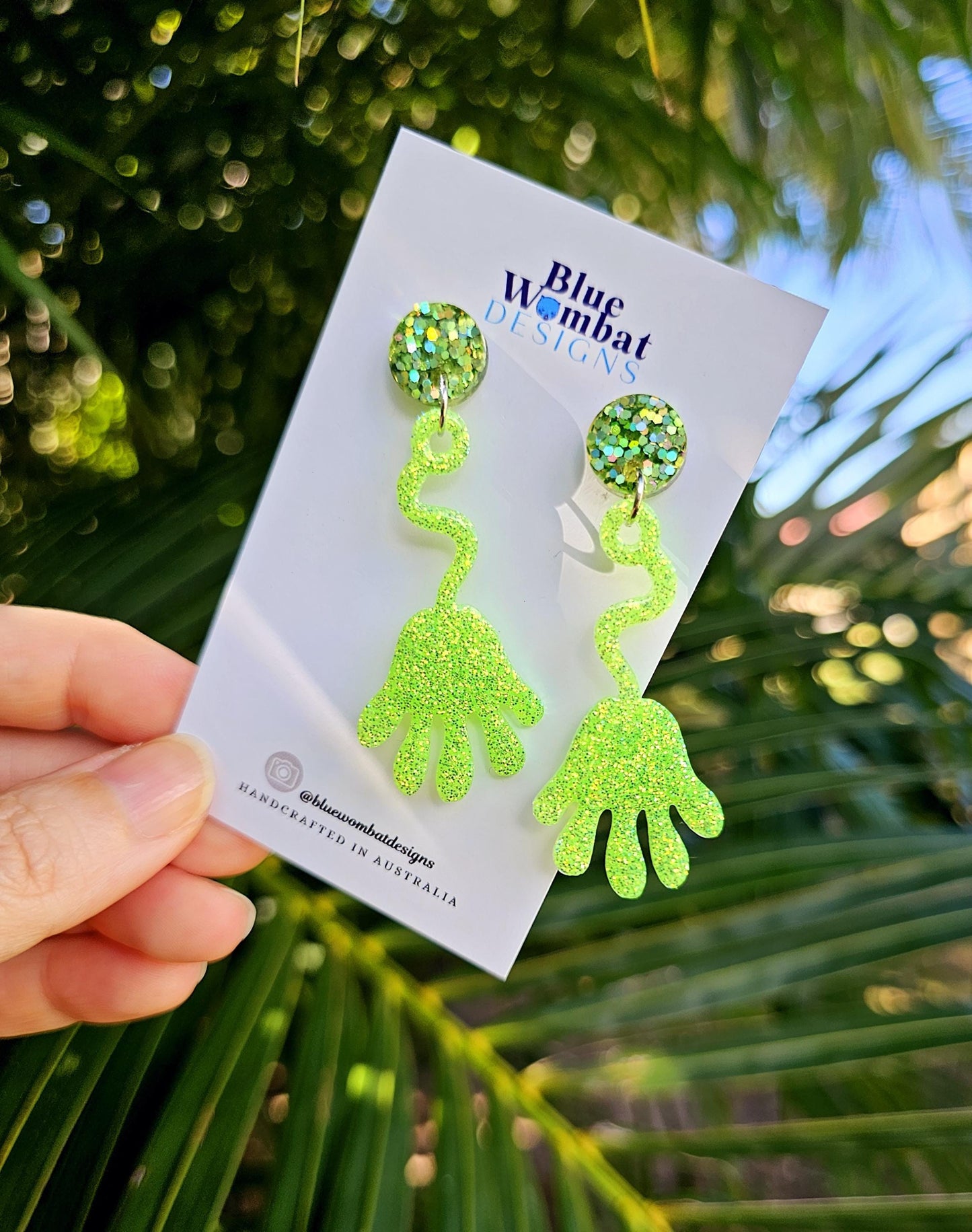 Sticky Hands 90's Nostalgia Toy Earrings, Resin Green Glitter Dangle Handmade Earrings