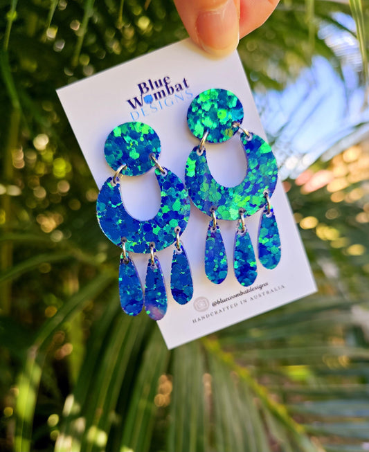 Handmade Sparkle Iridescent Glitter Resin Statement Dangle Earrings