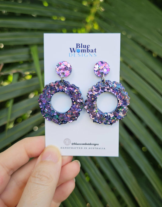 Chameleon Glitter Resin Flower Domed Hoop Dangle Statement Earrings