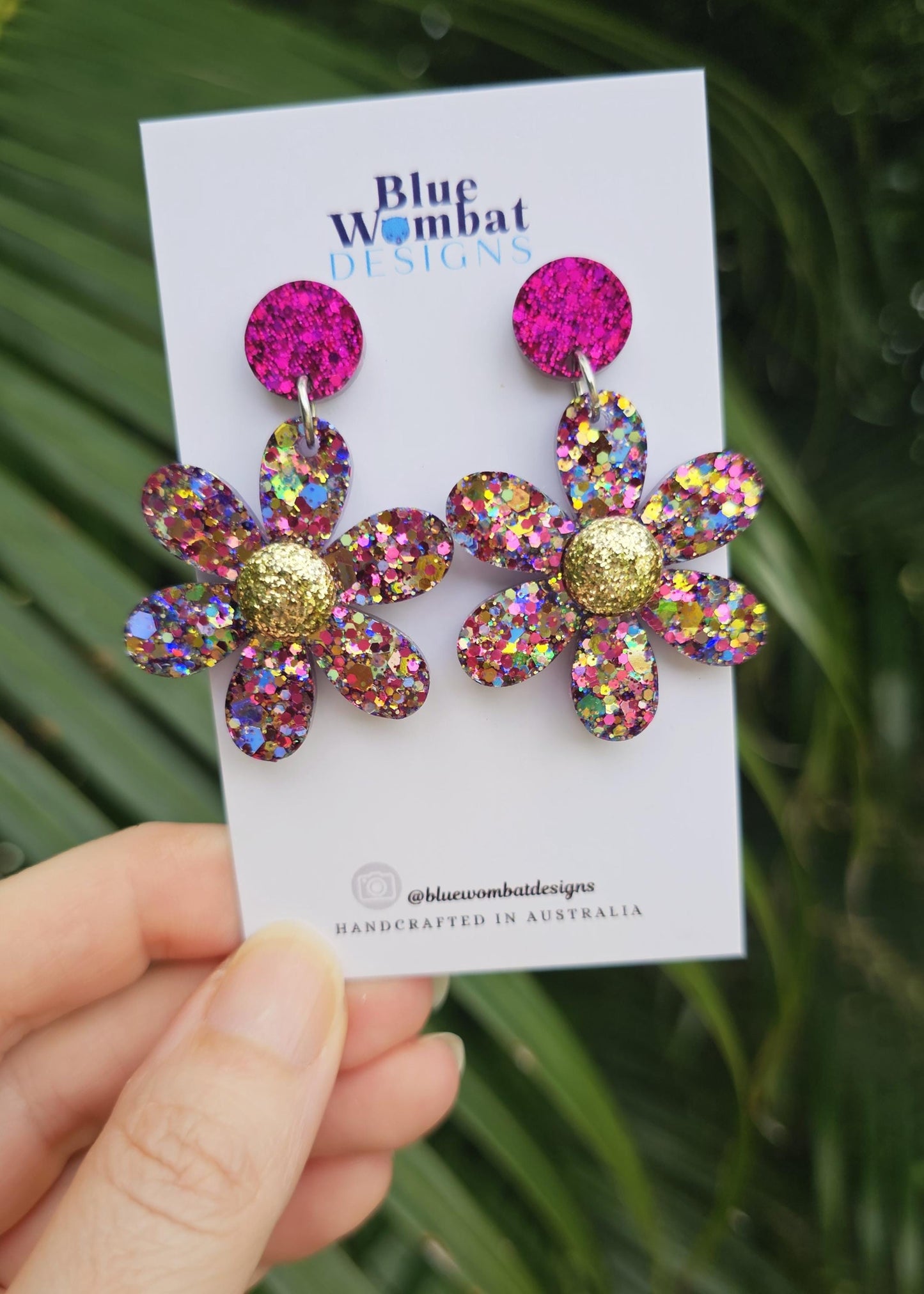 Flower Dangle Colourful Glitter Resin Handmade Statement Earrings