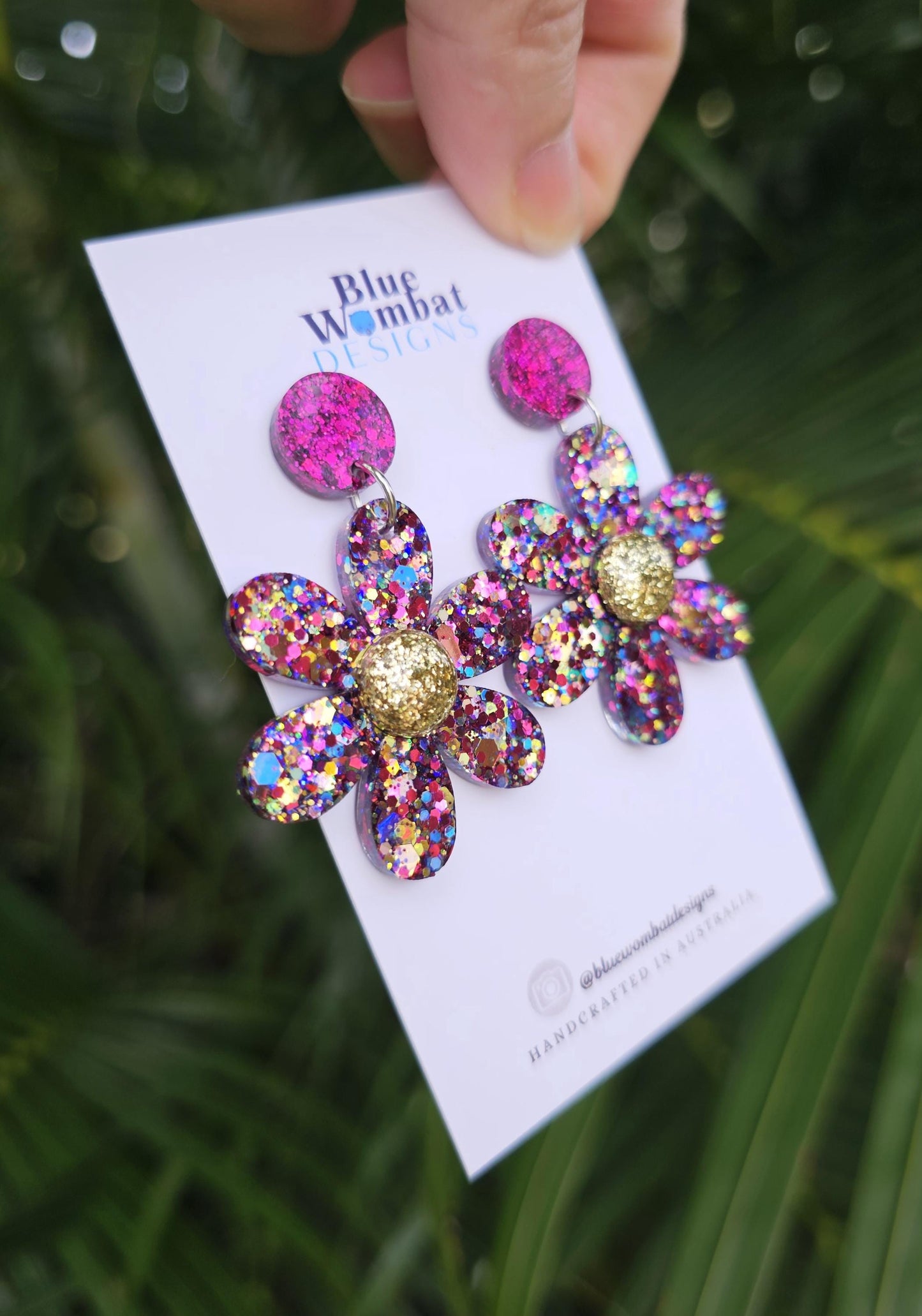 Flower Dangle Colourful Glitter Resin Handmade Statement Earrings