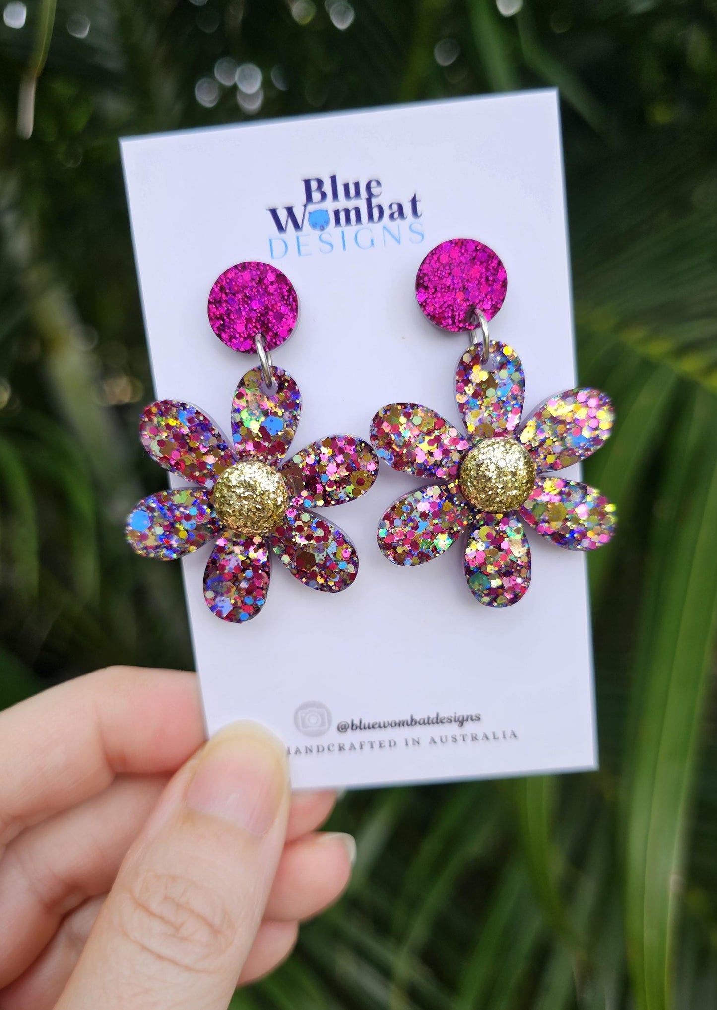 Flower Dangle Colourful Glitter Resin Handmade Statement Earrings