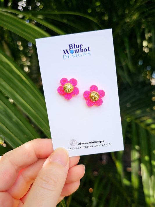 Spring Flower Pink Glitter Resin Stud Earrings 16mm
