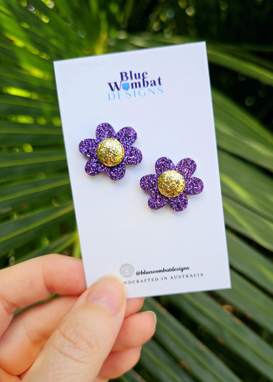 Flower Purple Glitter Resin Stud Earrings 24mm