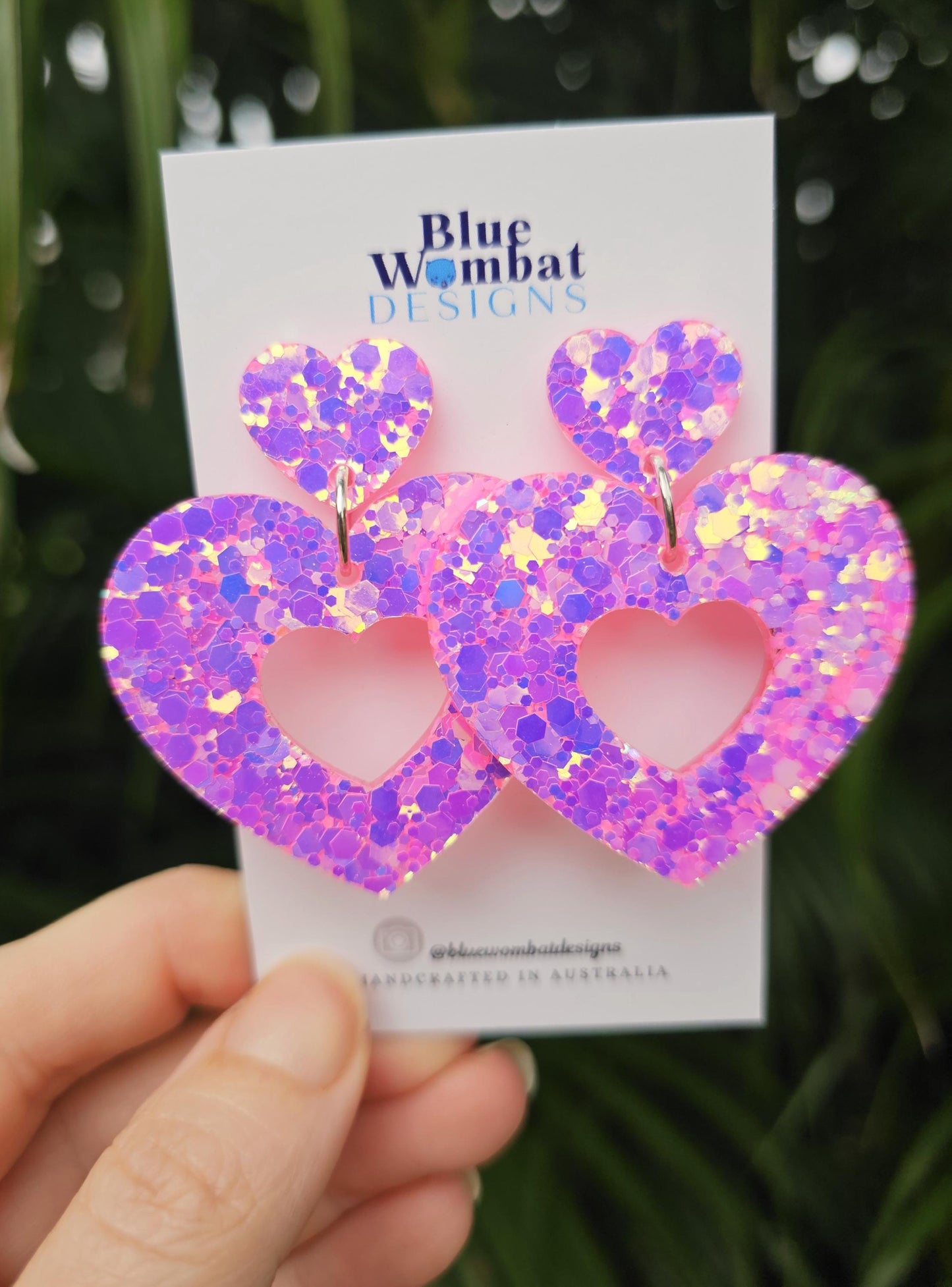 Pink Glitter Big Love Heart Resin Dangle Handmade Earrings