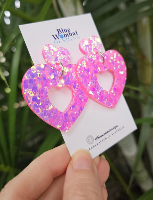 Pink Glitter Big Love Heart Resin Dangle Handmade Earrings