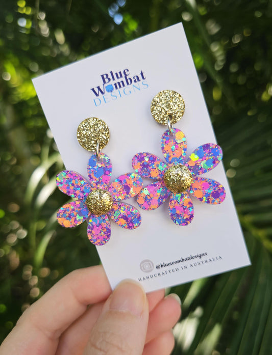 Flower Dangle Colourful Glitter Resin Handmade Statement Earrings