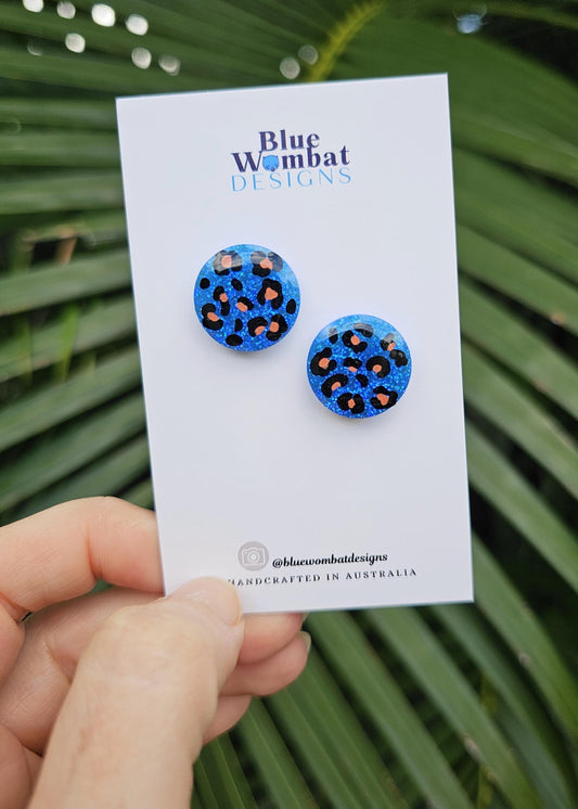 Leopard Print Resin Blue Glitter Stud Earrings 17mm