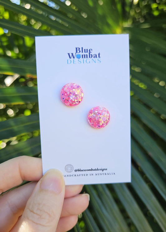 Resin Pink Glitter Sparkle Domed Studs 14mm