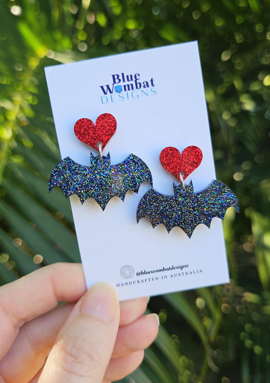 Bats Flying Glitter Resin Dangle Halloween Earrings