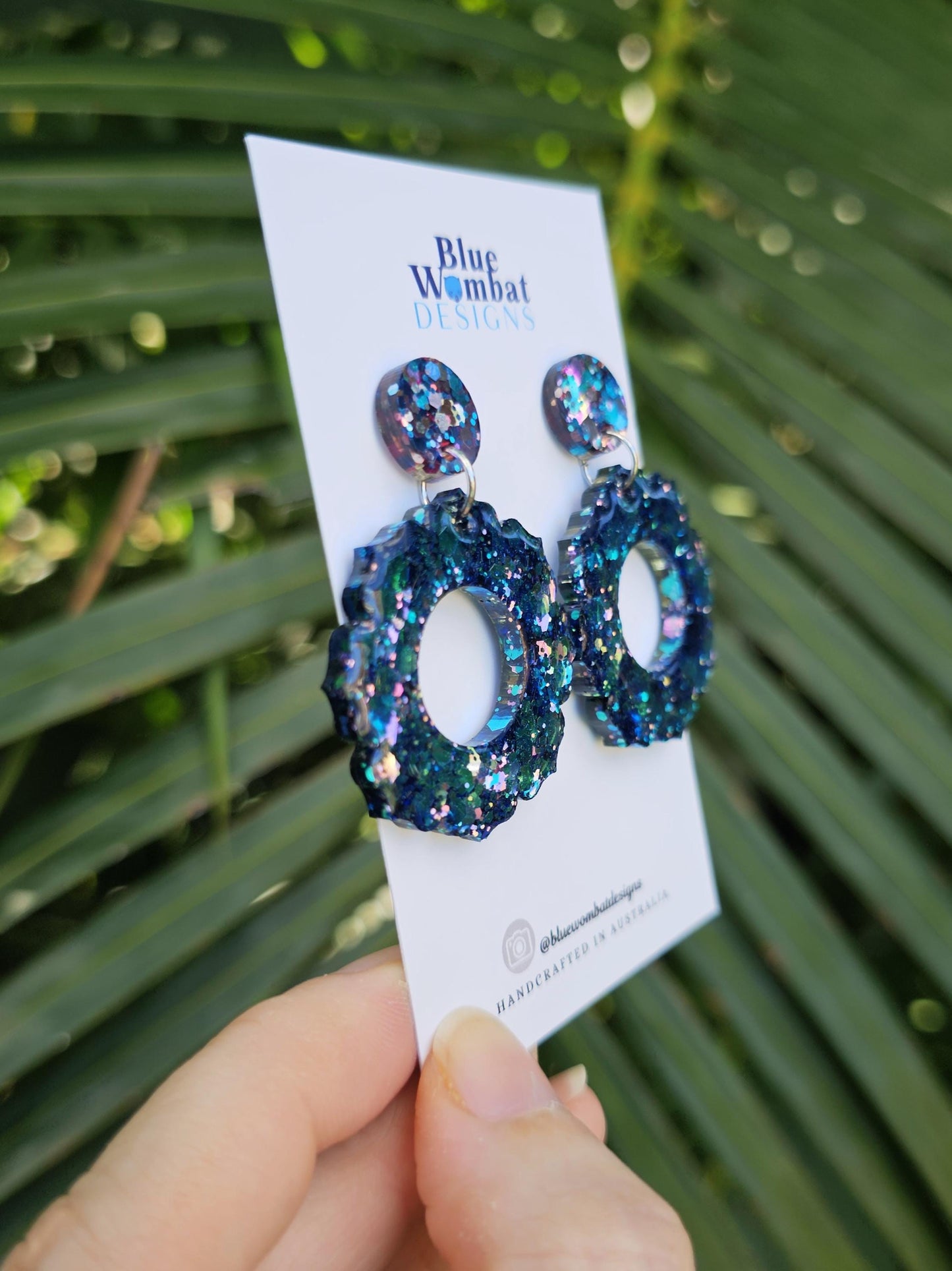 Chameleon Glitter Resin Flower Domed Hoop Dangle Statement Earrings