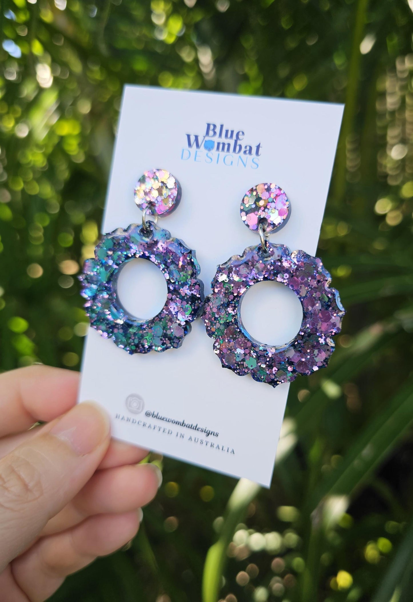 Chameleon Glitter Resin Flower Domed Hoop Dangle Statement Earrings