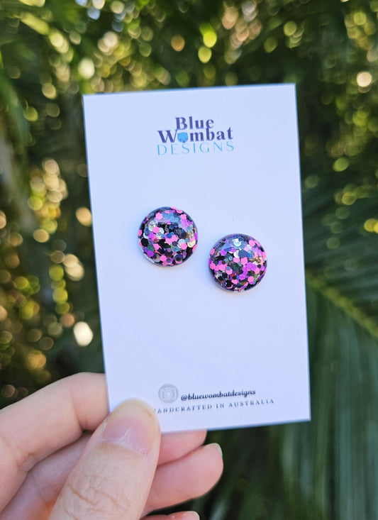 Spotty Pink Black Silver Glitter Resin Domed Studs 16mm