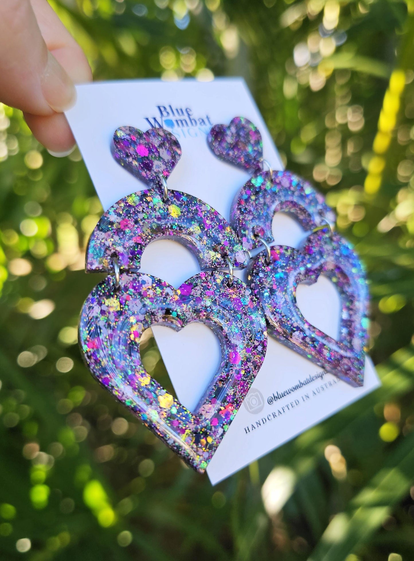 Large Love Heart Glitter Resin Dangle Domed Statement Earrings
