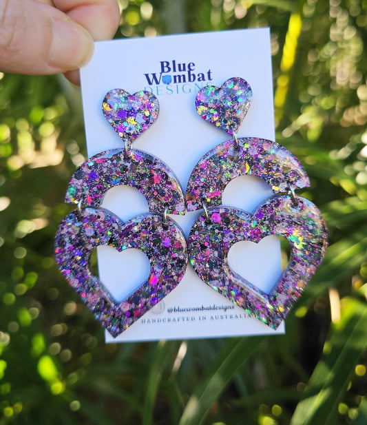 Large Love Heart Glitter Resin Dangle Domed Statement Earrings
