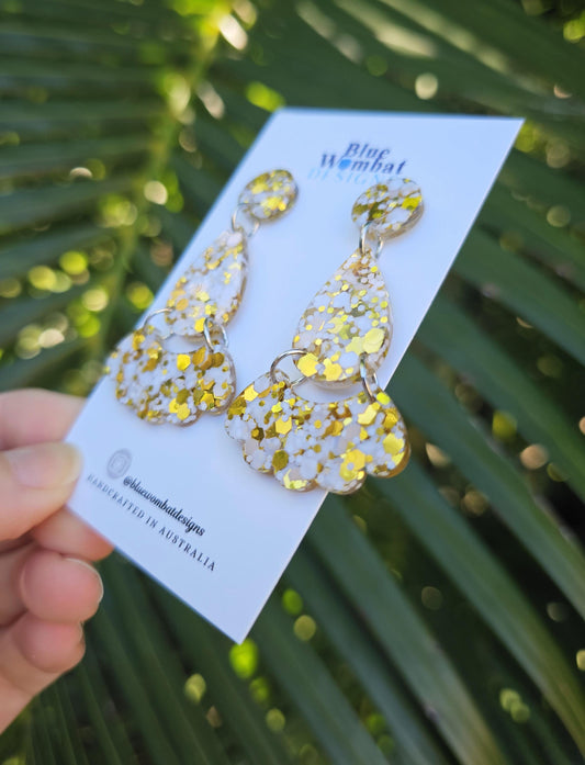 White Gold Glitter Resin Dangle Statement Earrings