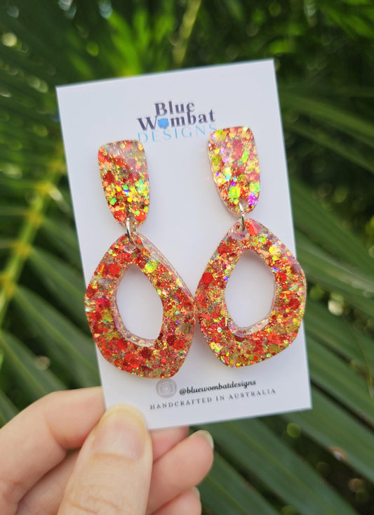 Resin Glitter Organic Hoop Statement Dangle Domed Earrings