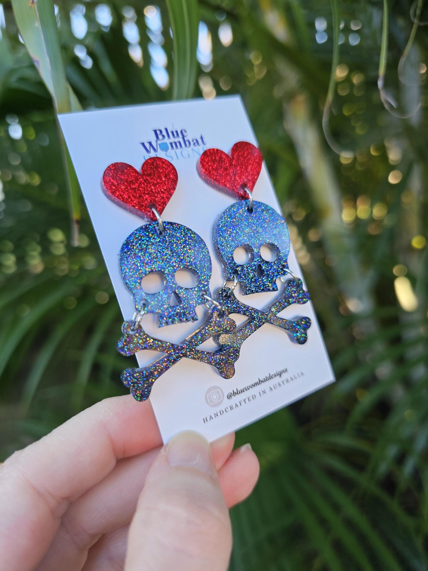 Skull Cross Bone Halloween Glitter Resin Dangle Earrings