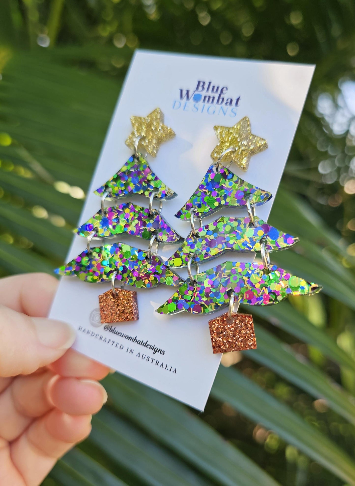 Christmas Tree Resin Glitter Dangle Earrings Handmade