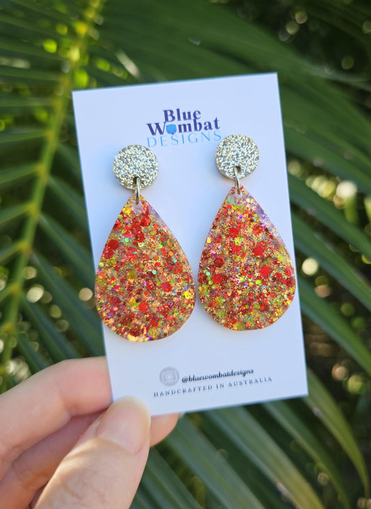 Tear Drop Glitter Dangle Statement Earrings