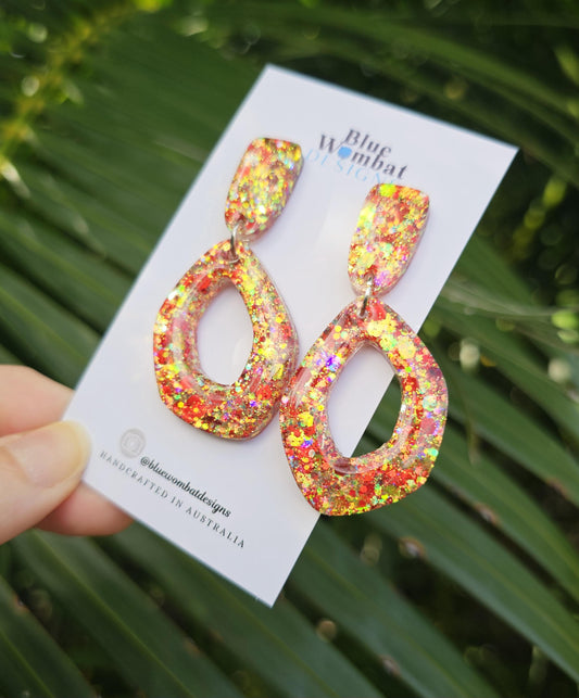 Resin Glitter Organic Hoop Statement Dangle Domed Earrings