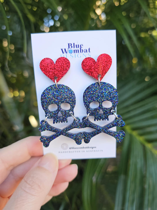 Skull Cross Bone Halloween Glitter Resin Dangle Earrings