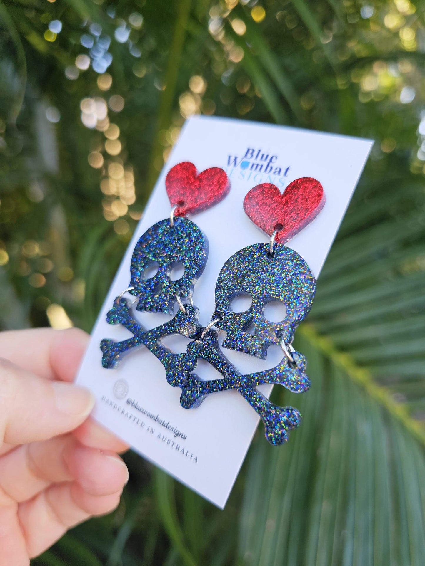 Skull Cross Bone Halloween Glitter Resin Dangle Earrings