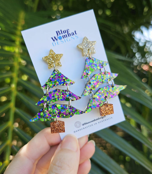 Christmas Tree Resin Glitter Dangle Earrings Handmade