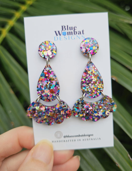 Colourful Glitter Resin Domed Dangle Statement Earrings