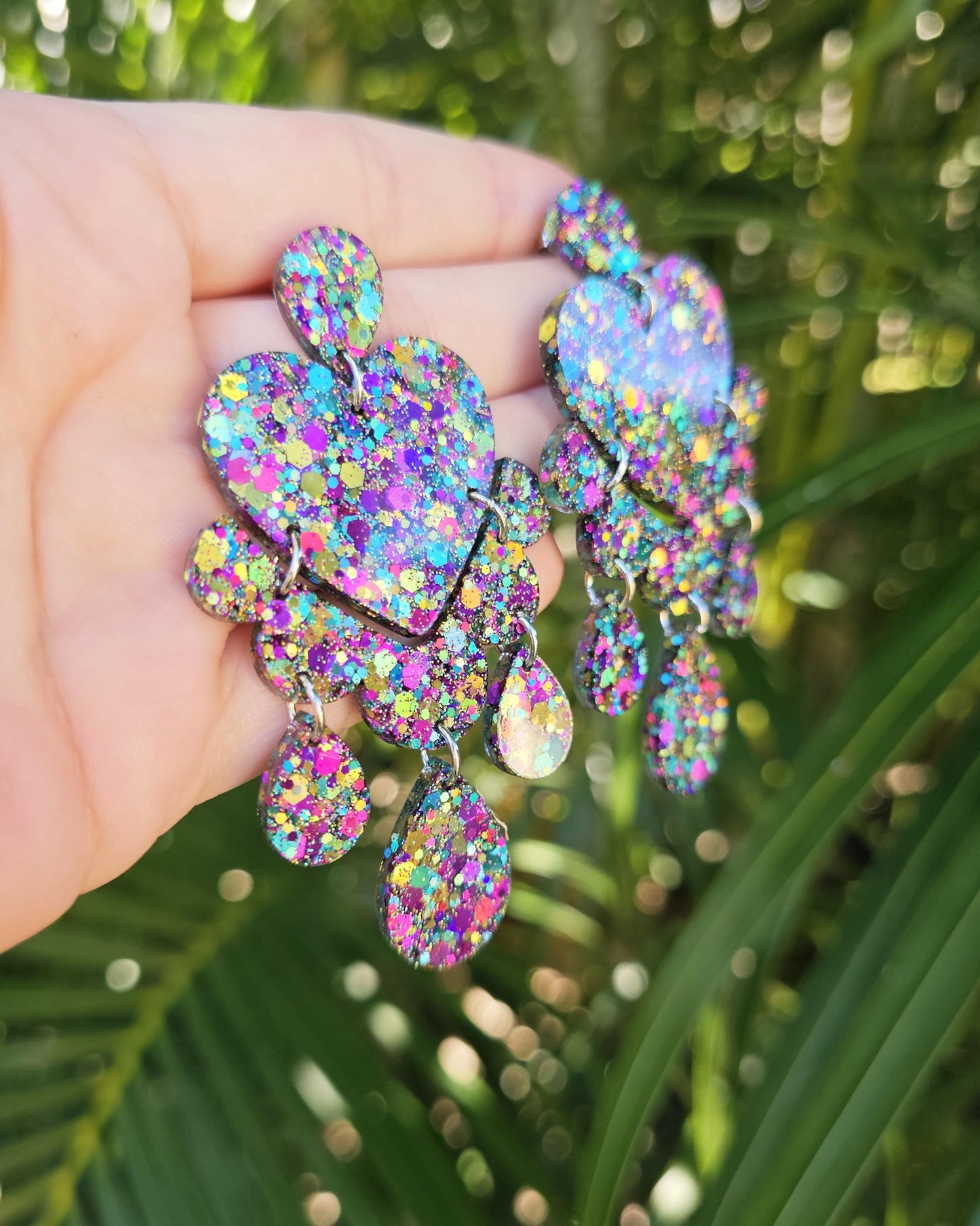 Large Love Heart Chandelier Resin Glitter Earrings