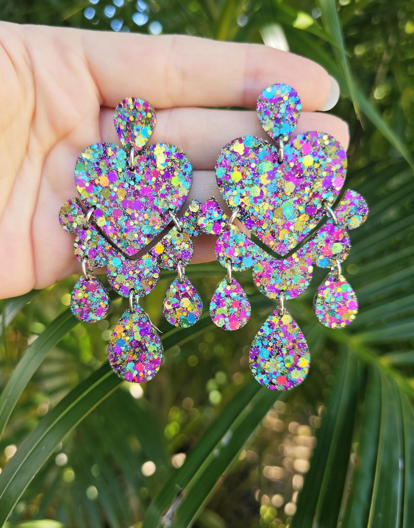 Large Love Heart Chandelier Resin Glitter Earrings