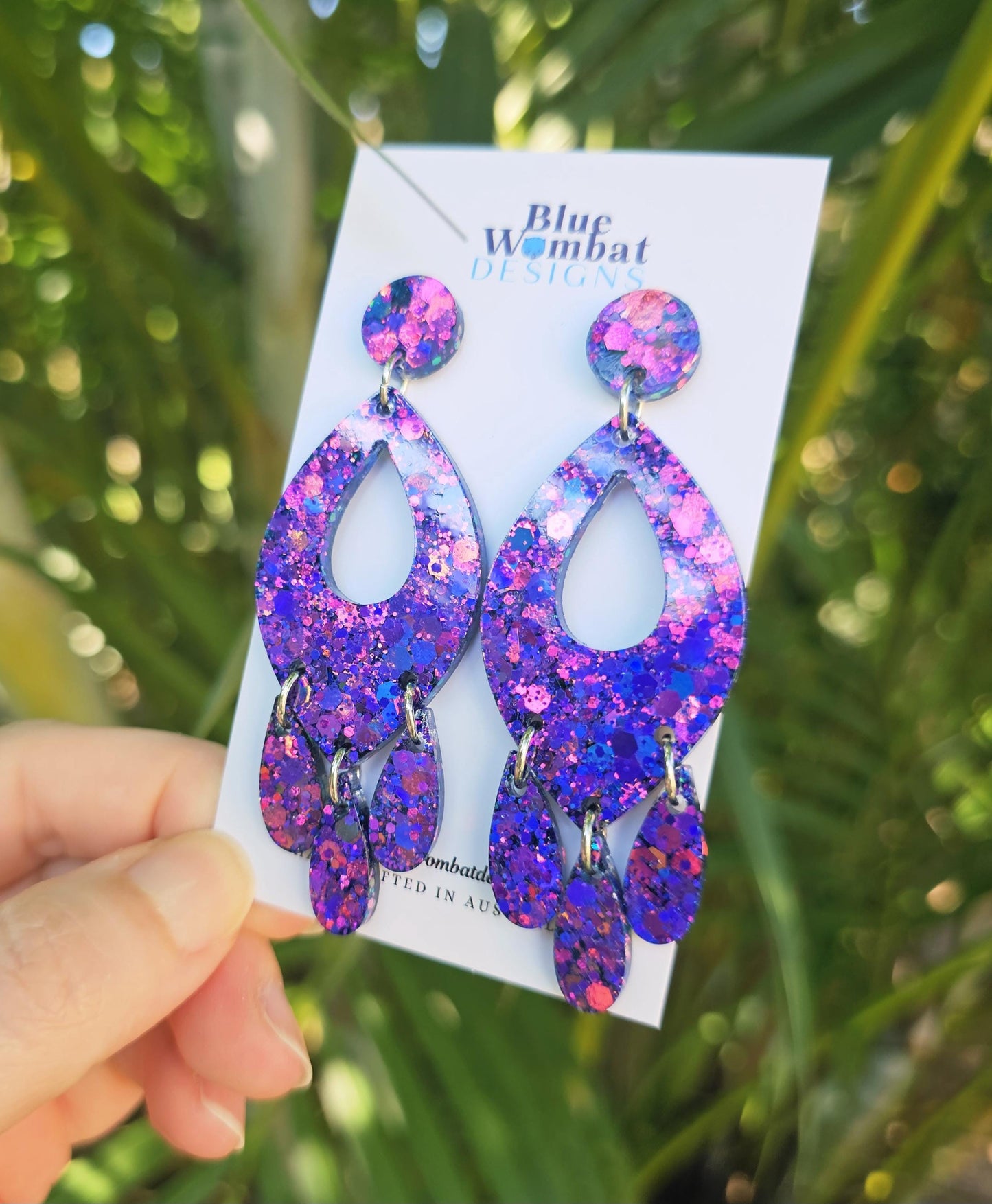 Resin Chandelier Chameleon Glitter Dangle Statement Earrings